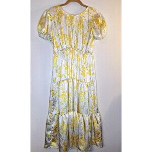 Women's Satin Yellow Floral Puff Sleeve Midi Dress Sz M Cottage Core Bohemian